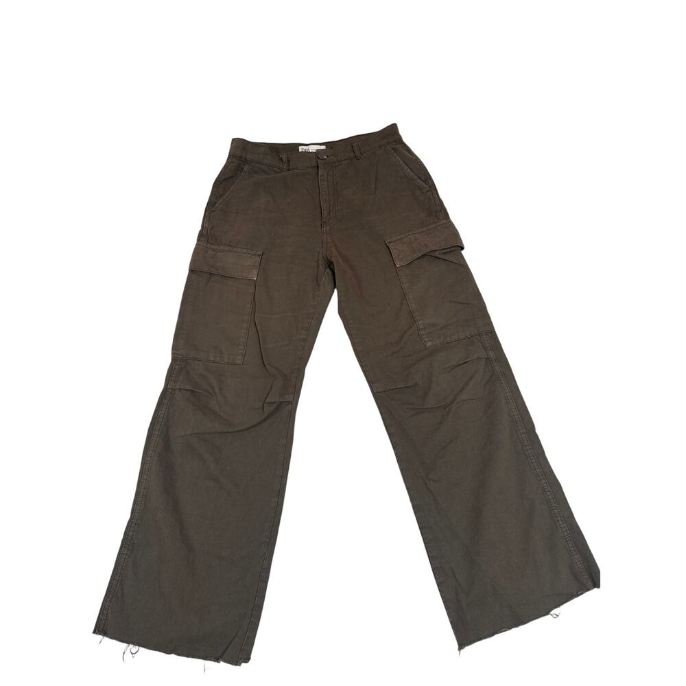 Zara Women’s Cargo Pants Pockets Raw Hem Army Green 10